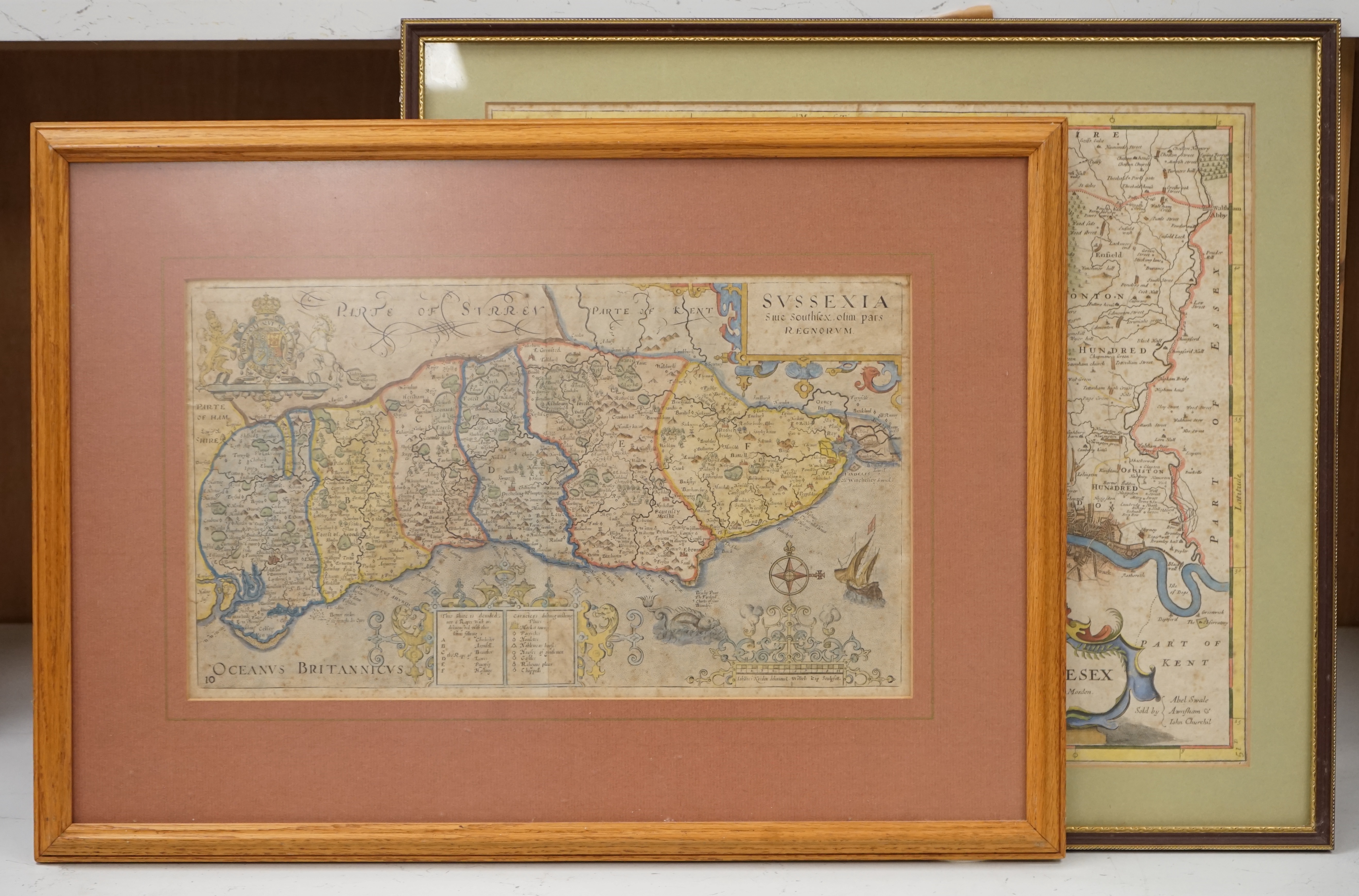 After Robert Morden (1650-1703), hand coloured map of Middlesex together with another of Sussex, largest 37 x 42cm. Condition - foxed